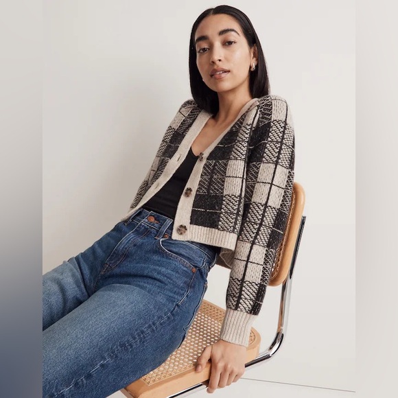 Madewell button Front Plaid Cropped Wool Alpaca Blend Cardigan Sweater Small - Picture 1 of 8